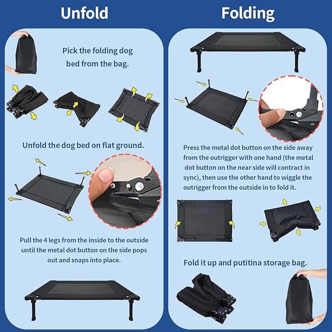 Pozico Elevated Outdoor Dog Bed - Foldable Cooling Dog Cot with Metal Frame, Portable Camping Pet Bed for Medium & Small Dogs, Breathable Mesh for Indoor & Outdoor Use, Black - L