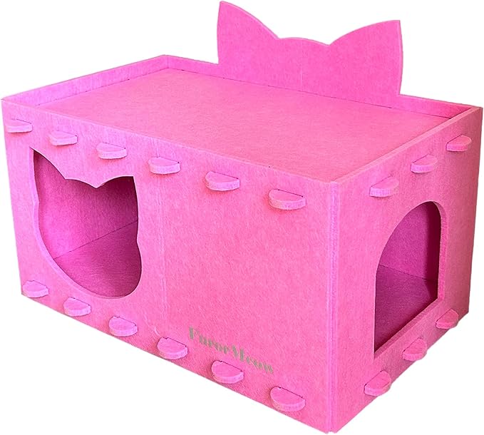 Cat House Cat Ear Design, Large Spacious Cozy Indoor Cat Bed Cave, Scratch Resistant Strong Thick Premium Felt Condo, Fun Hideaway for Multiple Cats, 21.5x13x11.6 inches (Pink)
