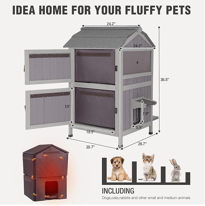 Insulated Cat House Outdoor Two-Story Feral Cat House with Escape Door and Two Large Side Door, Weatherproof Kitty Shelter with All-Round Insulated Liner for Outside