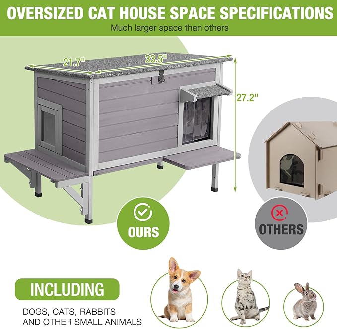 GUTINNEEN Outdoor Cat House Insulated, Weatherproof Feral Cat Shelter with Insulation Liner for Winter, Wooden Elevated Cat Condo for 1-3 Cats, 33.5" L x 21.7" W x 27.2" H (Grey)