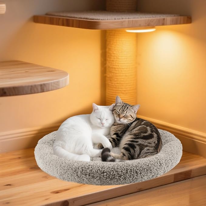 PETLESO Large Cat Bed Mat 19.5" Round Pad with Pillow Around, Soft Warm Plush Cushion for Small to Medium Dogs Cats Sleep/Nap, Neck Protection Mattress, Non-Slip Washable, Large