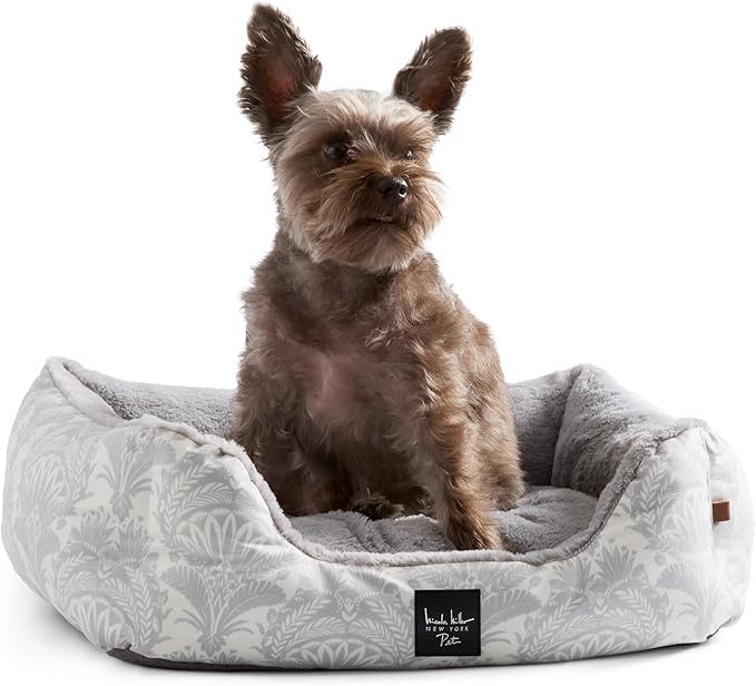Nicole Miller New York PET Mod Damask Plushy Bolster Pet Bed, Cozy & Calming, Non-Slip Bottom, Machine Washable Cover, Grey, Extra Small 19"x15"x6"