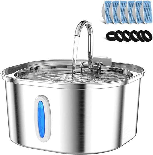 Cat Water Fountain - 3.2L/108oz Stainless Steel Pet Water Drinking Fountain for Cats Indoor, Dog Water Fountain with Water Level Window and 6 Filters + 6 Sponges