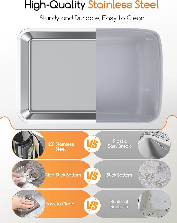 Meowant Stainless Steel Cat Litter Box, Extra Large 3-in-1 Enclosed/Open Top Metal Litter Box with Lid, Odorless Cat Litter Pan with High Sides for Big Cats, Non-Sticky, Anti-Leakage, Easy Cleaning