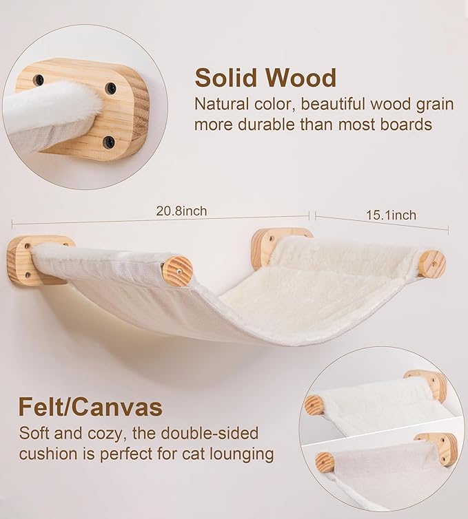 Cat Scraching Post Wall Shelves Set of 3 –1 Floating Fabric Hammock, 2 Cat Wall Ladders with 4 Steps EachWall Mounted Bed Furniture & Climber for Large Cats, Indoor Wall Playground