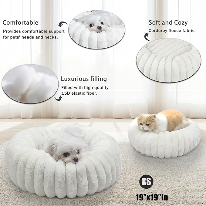 Small Cat Beds for Indoor Cats - Washable Round Kitten Bed, Cute Pumpkin Shape, Comfy Sleeping for Puppy, Small Dogs, Kitty - 19 Inch, Cream