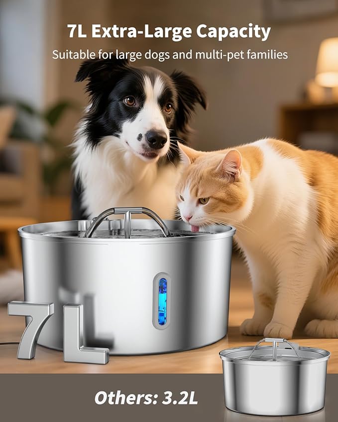 Dog Water Fountain Stainless Steel, 7L/236oz Dog Water Bowl Dispenser for Large Dogs, Automatic Cat Water Fountain