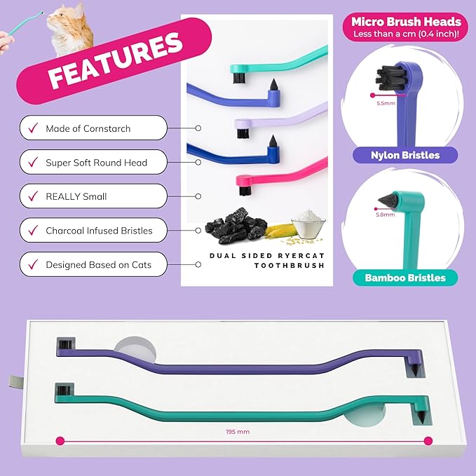 RYERCAT Set of 2 Dual Sided Cat Toothbrush - Kitten Toothbrush with Micro Head to fit into Cat/Kittens Mouth - Cat Dental Care Supplies - Pet Toothbrush for Cats(Amethyst Purple & Ocean Blue)