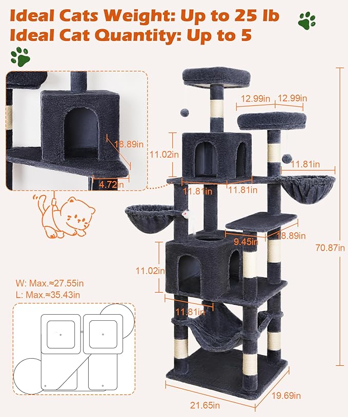 AMHANCIBLE Cat Tree, 70 Inch Tall for Indoor Adult Cats, Large Multi-Level Tower with Scratching Post, Hammock, Condos, Hanging Basket, Activity Center to Play and Sleep, Dark Grey, PT18DG