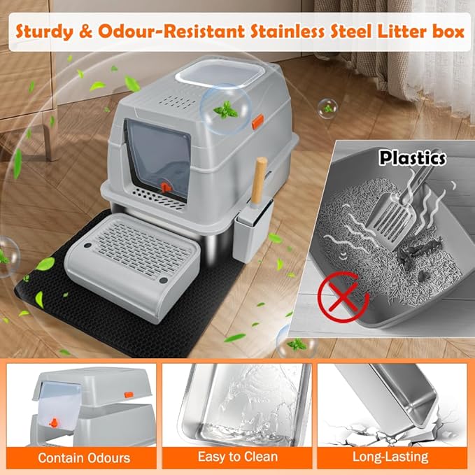 SZEE XL Stainless Steel Litter Box, Top Exit Design, Non Stick, No Smell, Easy Cleaning, Activated Charcoal Odor Control Design, Half/Fully Enclosed Design, Footboard, Trapping Mat & Scoop Included