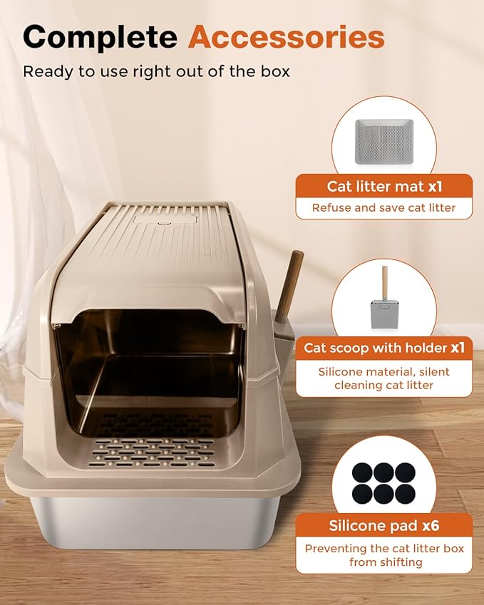 Stainless Steel Litter Box with Lid - Extra Large Cat Litter Boxes for Big Cats with Mat & Scoop - Anti-Leakage, Odor-Proof, High-Sided, Non-Stick& Easy to Clean - Ideal for Multi-Cat Homes - Khaki