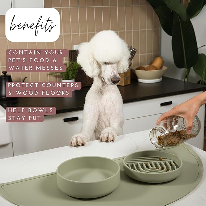 Waterproof Silicone Pet Food Mat - Non-Slip Spill-Proof Feeding Mats for Floors, Raised Edge Design, Easy-to-Clean Rubber Mat for Dog & Cat Bowls, 28" Across x 14" Deep, Large-Charcoal