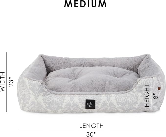 Nicole Miller New York PET Mod Damask Plushy Bolster Pet Bed, Cozy & Calming, Non-Slip Bottom, Machine Washable Cover, Grey, Medium 30"x23"x8"