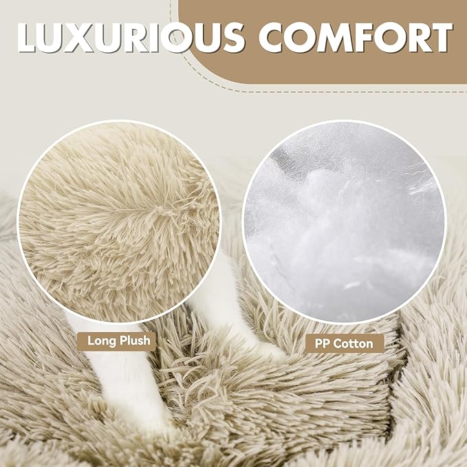 Athena Collection Washable Small Dog Bed, Cat Bed for Indoor Cats, 24 Inches Fluffy Faux Fur Round Pet Bed Calming Cozy Soft Warming Donut for Small Dog Puppy Kitten, Beige