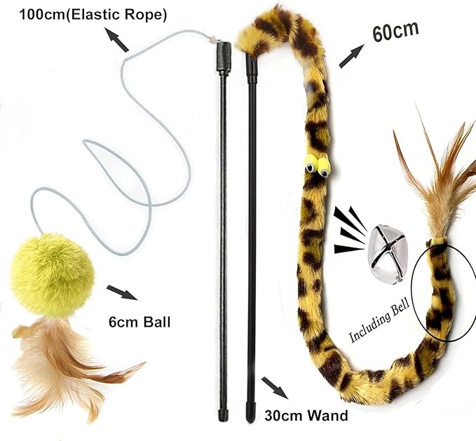 Cat Toys for Indoor Toys,Rainbow Cat Wand Toys,Feather Flips Plush Ball Cat Toys,Interactive Feather Toy for Teaser Play and Chase Exercise with Kitten 6 Pack