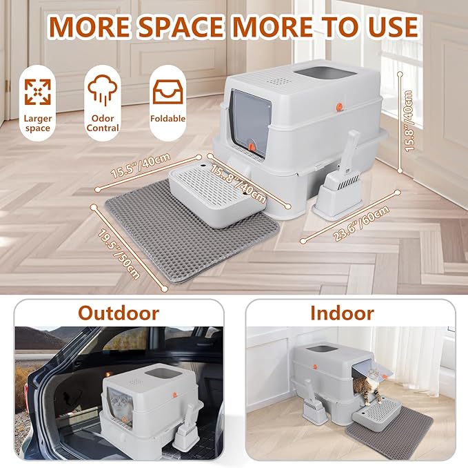 ELEGX Odor-Control Extra Large 24" L×16" W Drawer Design Stainless Steel Cat Litter Box,XL Large 4-in-1 Cat Metal Litter Box Set,Extremely Easy to Clean,Enclosed Removable with High Sided Enclosure