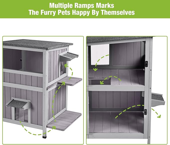 Outdoor Feral Cat House Outside Kitten Shelter 2 Story Cat Catio Enclosure Weatherproof Waterproof