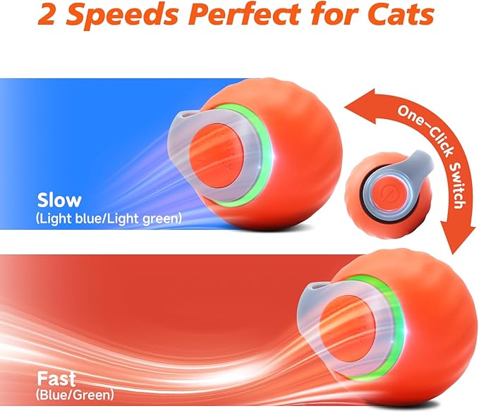 Interactive Cat Toy for Indoor Cats, Speedy Ball with Tail, Automatic Moving Cat Balls for Bored Indoor Adult Cats, 360°Automatic Rolling Ball Toy, Two Speed Adjustment(Orange)