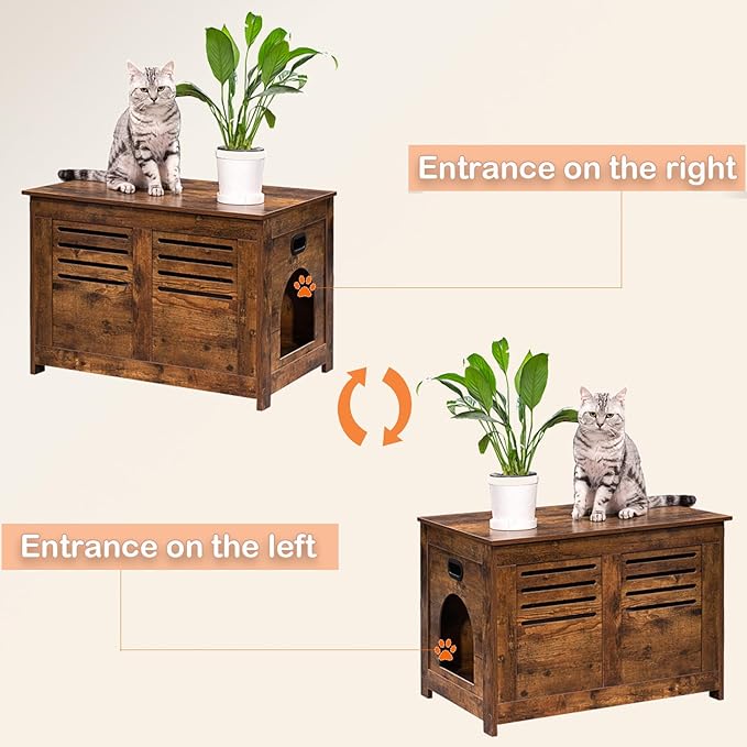 DINZI LVJ Litter Box Enclosure, Flip Top Litter Box Furniture with Good Ventilation, Hidden Cat Washroom, 27.6" L x 19.7" W x 19.7" H, Entrance Can Be on Left or Right, Wooden Cat House, Rustic Brown