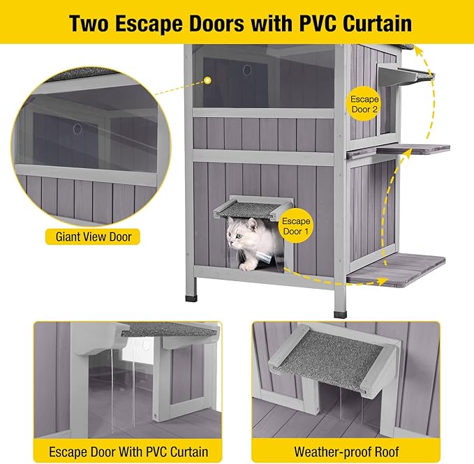 Aivituvin 2-Story Outdoor/Indoor Cat House - Solid Wood Kitty Condo with Escape Door, Removable Floors, Weatherproof Asphalt Roof & Sun Balcony
