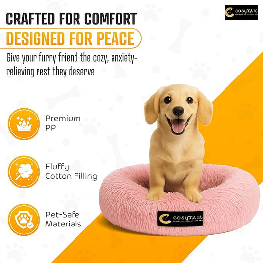 Anti-Anxiety Donut Pet Bed, Round Plush Faux Fur, Washable, Small to Medium Dogs and Cats (Pink, Large)