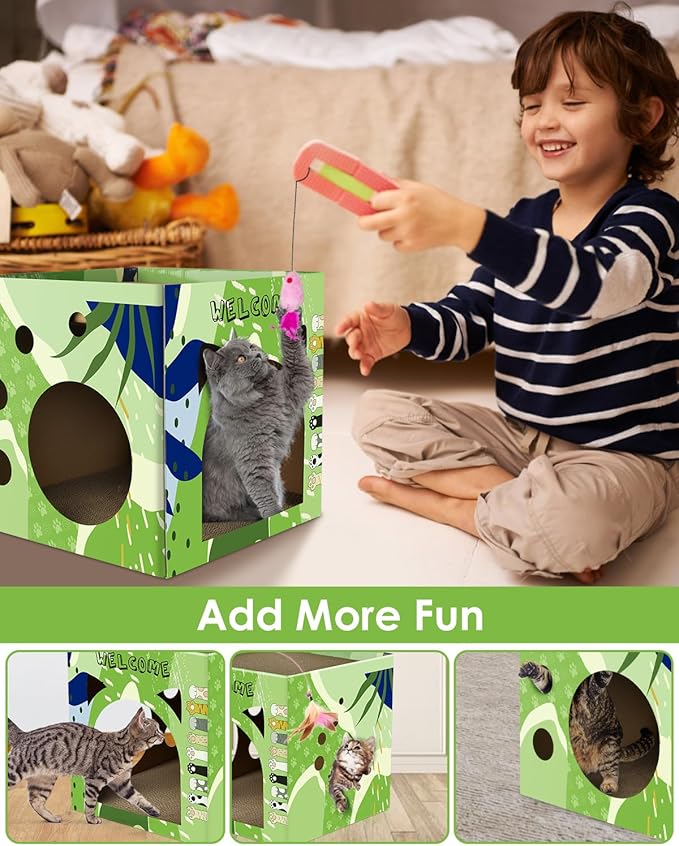 Bissap Cat Cardboard House, Large Thickened Play House with 2 Story Scratch Pads Bed Scratching Lounge for Indoor Cats Kittens Breathable Cube Shelter Corrugated Scratcher Box Toy