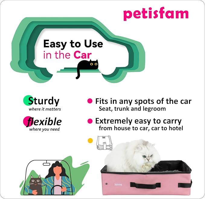 Smell-Contained Portable Cat Travel Litter Box with Zipped Lid to Keep Odor and Litter Contained. Lightweight to Carry to Anywhere (Pink, Medium)