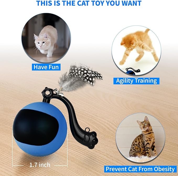 Interactive Cat Toy Ball with Remote Control, Automatic Moving & Rolling Cat Feather Toy, USB Rechargeable, Motion Activated Remote Control Cat Toy for Indoor Cats (Blue)