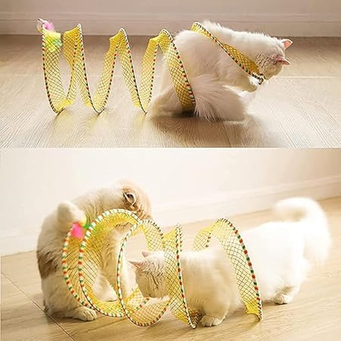 Folded Cat Tunnel Toy for Indoor Cats, 2 PCS Collapsible Pet Spring Cat Toys with Feather Mouse Upgrade Interactive Toy Playing Tent for Puppy Kitten Accessories Home