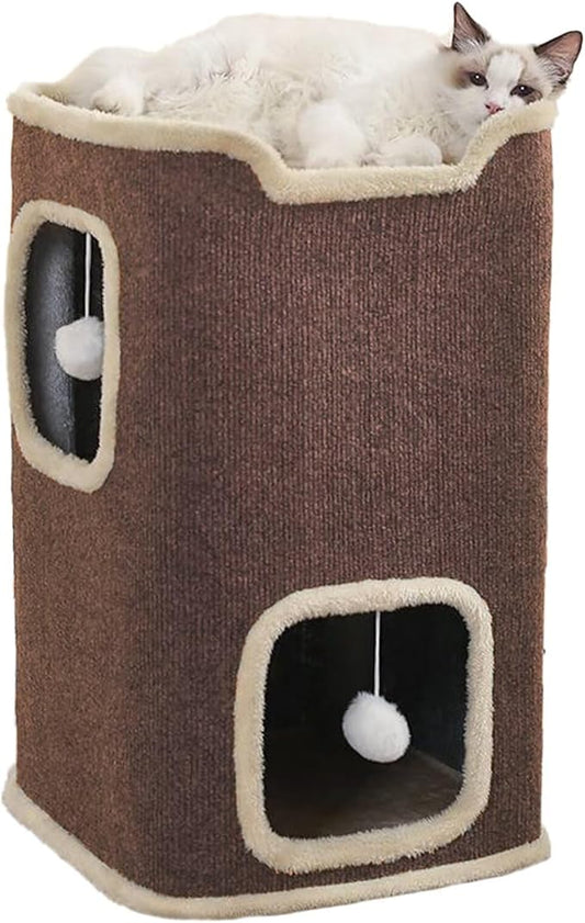 Cat House for Indoor Cats Beds, Multi-Level Cat Condo, Foldable Cave Bed Coffee, 2L