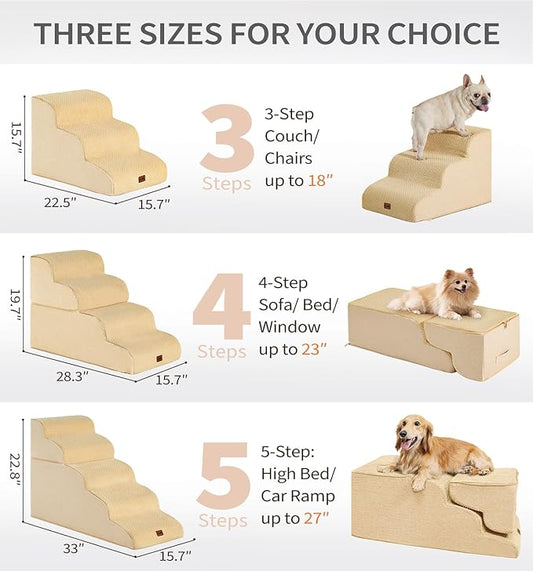Made4Pets Dog Stairs Ramp for Small Dogs, 3-Step Dog Steps for Bed Couch Sofa and Chair, 35D Foam Pet Steps for Small Dogs and Cats, Non-Slip Bottom Pet Stairs, Tan
