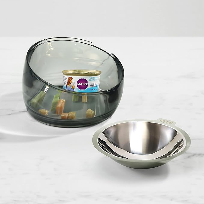 Felli Pet Oblik Whisker Fatigue Cat Food Bowl Raised Stainless Steel Shallow Dish, Pet Friendly Design Anti Vomit Tilted Metal Plate Feeder Elevated Acrylic Base for Treats Storage (0.5 Cups, Smoky)