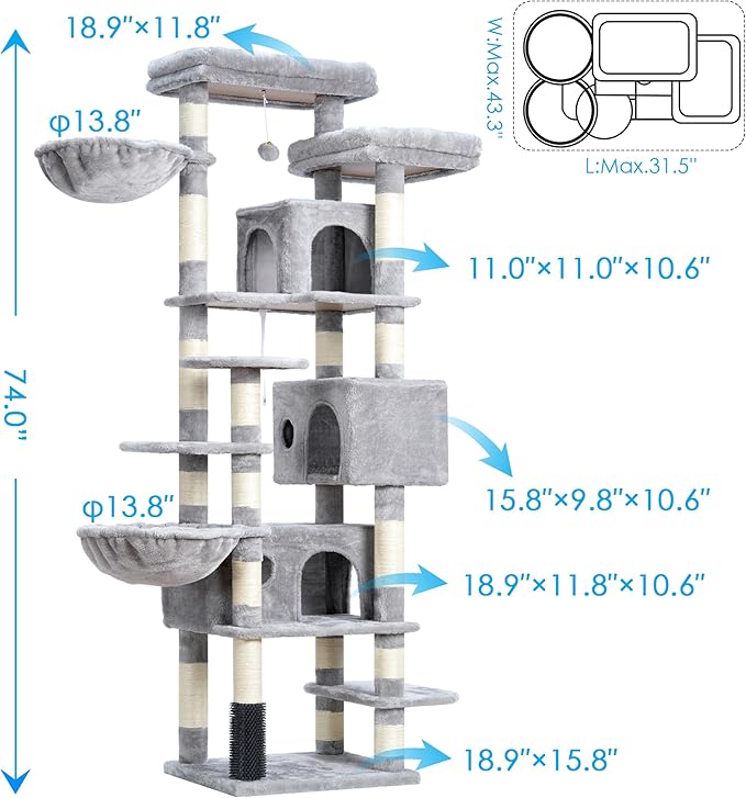 Hey-brother Cat Tree, 74 inches Multi-Level XL Large Cat Tower for Indoor Cats with Three Cat Condos, Two Large Top Decks and Cat Hairbrushfor Kittens, Cats and Pets, Light Gray MPJ035-MW