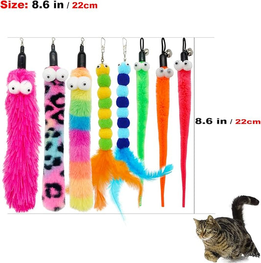 Cat Worm Toy Refills, 8 Pieces Cat Wand Attachments Assorted Worms Feathers Toy for Indoor Cats (A)
