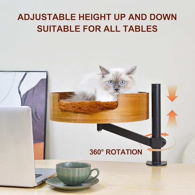 Cat Bed Desk with Pet Mat, Cat Hammock for Desk, Cat Bed Desk with Wooden Bowl, 360° Rotation and Adjustable Height, Coffee