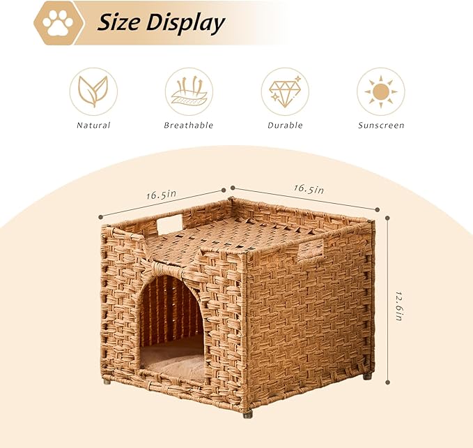 Cat Houses for Indoor Cats, Handwoven Rattan Cat Cave Pet Cube,Foldable Pet Cat House, Cat Beds with Double-Sided Mat, Hideaway, in Living Room Bedroom