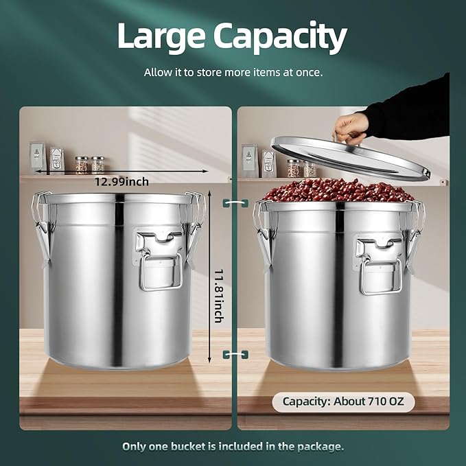 DYNAMI 5.5Gal 304 Stainless Steel Airtight Container with Lid and Locking Clamp,17-38Lbs Metal Bucket Large Stainless Steel Canisters for Kitchen,Dog Food/Bird Seed/Coffee Storage Container(21L)
