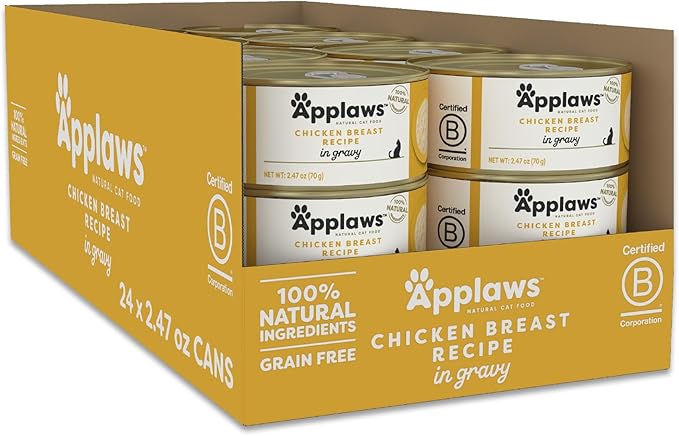 Applaws Natural Wet Cat Food in Gravy, Limited Ingredient Canned Wet Cat Food, No Additives, Made with Natural Ingredients, Chicken Breast in Gravy (24 x 2.47oz Cans)