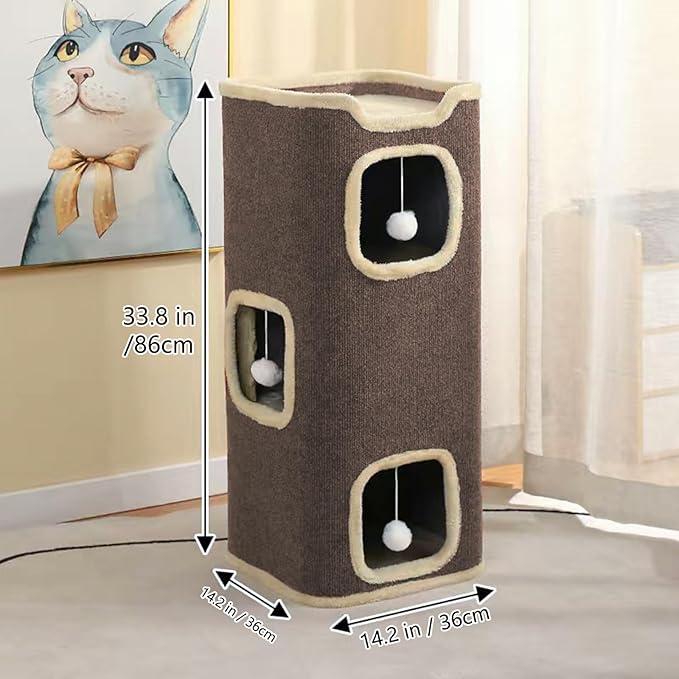 Empet Cat House for Indoor Cats Beds, Multi-Level Cat Condo, Foldable Cave Bed Brown, (3-Level)
