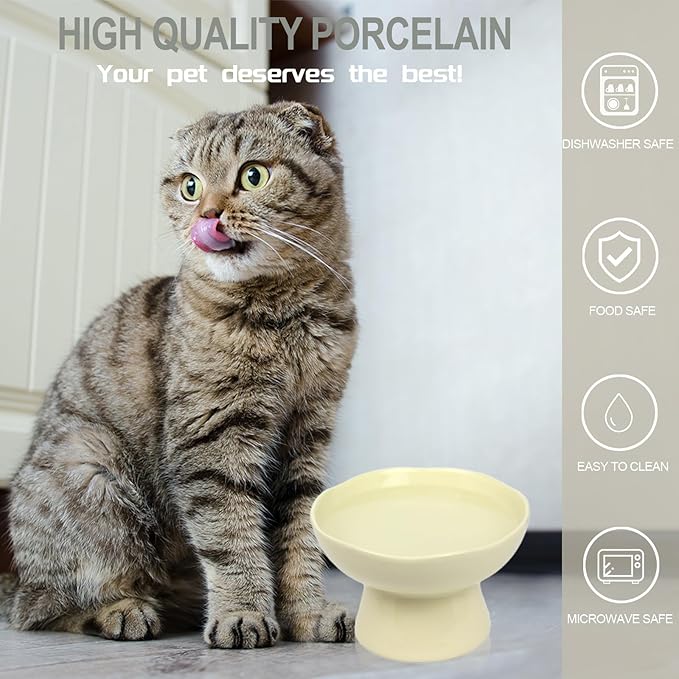6.1" Wide 1.57" Deep Elevated Cat Bowls, Ceramic Water Bowls for Flat Faced Cats,Cat Feeder,Stress Free,Protect Cat’s Spine,Cream