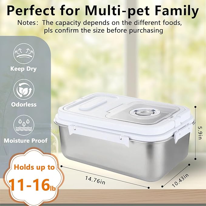 Sanbo Dog Food Storage Container Stainless Steel with Scoop, Airtight Pet Metal Food Storage Bin,Cat Food Canister,Storage Box with Date Tracker for Kitchen (Sliver, 7.5L)