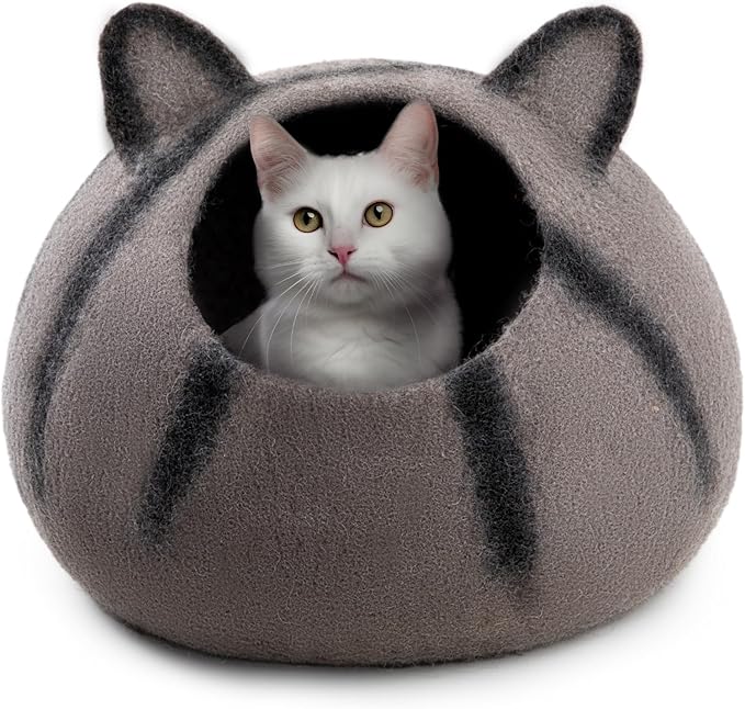 Woolygon Wool Cat Cave Bed - Handcrafted 100% Merino Wool, Eco-Friendly Felt Cat Cave for Indoor Cats and Kittens (Tabby Ears)