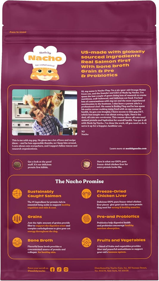 Made by Nacho Dry Cat Kibble 10lb Bag, High Protein Premium Cat Food with Freeze Dried Pieces, Sustainably-Caught Salmon, Whitefish & Pumpkin, Limited Ingredients, Single Bag