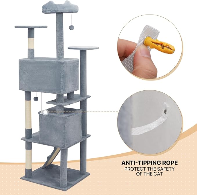 MoNiBloom Cat Tree, 77 Inch Cat Tree Tower with 2 Condo, Tall Cat Tower with Scratching Post, Cat Climbing Tower, Cat Tree for Indoor Cats, Light Grey