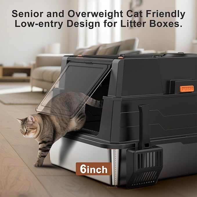 Extra Large Enclosed Stainless Steel Cat Litter Box with Lid - XXXL Giant Metal Enclosed High Sides Litter Boxes for Multi-Cat Households and Overweight Cats - Black