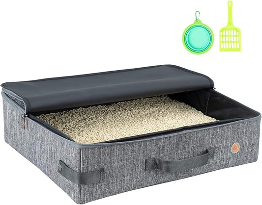 Large Portable Cat Travel Litter Box with Leak-Proof Zipped Lid to Keep Odor and Litter Contained. Lightweight to Carry Around Grey