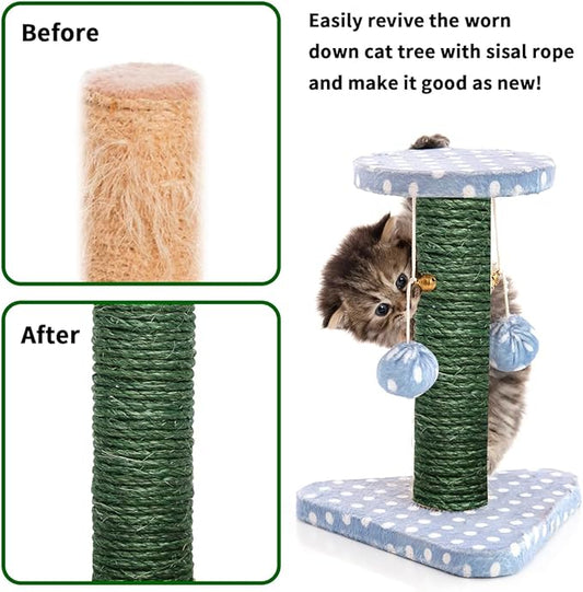 Green Sisal Rope 1/4 Inch by 98-Feet for Cat Scratching Post Tree Tower Replacement Repair and Replace, DIY Hemp Twine Rope for Kittens Shelves Furniture Window Bed Perch House Climbing, 6mm by 30m