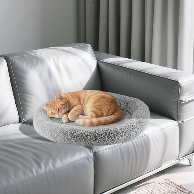 PETLESO Large Cat Bed Mat 19.5" Round Pad with Pillow Around, Soft Warm Plush Cushion for Small to Medium Dogs Cats Sleep/Nap, Neck Protection Mattress, Non-Slip Washable, Large
