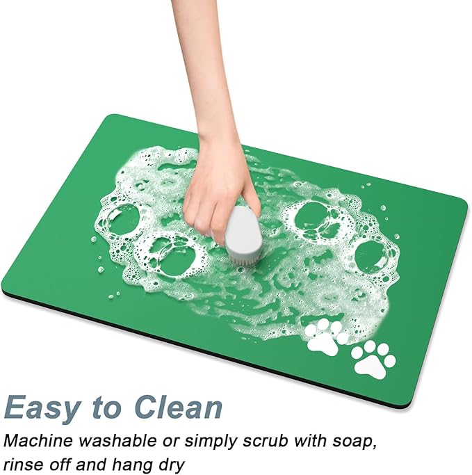 Rnivvi Dog Food Mat, 12" x 19" Footprint Absorbent Dog Cat Bowl Mat for Food and Water, Cute Anti-Slip Rubber Pet Feeding Rug Protect Floors, Puppy Placemat for Feeding & Watering Supplies, Green