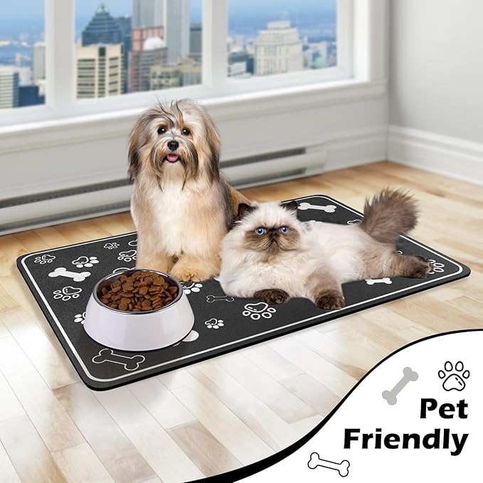 Pet Feeding Mat,Rapid Absorbent Mats for Dog Cat Food, Dog Placemat Water Bowl Mat with Rubber Backing,Messy Drinkers to Protect Floors, Pet Accessories 12"x18" Black